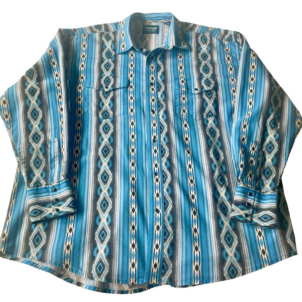 Vintage 90s Wrangle Brushpopper Pearl‎ Snap Shirt Mens XXL Blue Black Western